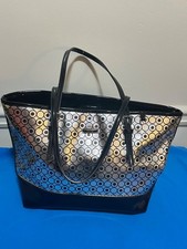 Nine West Large Shoulder Tote Metallic Silver Shine Bling Black Patent Trim NWT picture