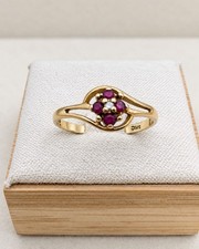Vintage 10K Gold Red Spinel & Diamond Flower Ring Size 6 Signed Estate Jewelry picture