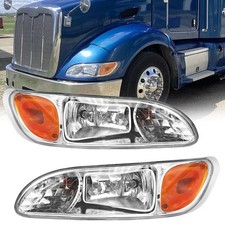 Fit 2008-2013 Peterbilt 325/384/386 Chrome Headlights Headlamps Pair Left+Right picture
