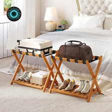 Folding Acacia Wooden Luggage Rack Stand - 2 Pack with Storage Shelf 200 LBS Ca picture