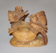 Old Vtg 19th C Folk Art Carved Wooden Bird Figures With Birds Nest Match Holder picture