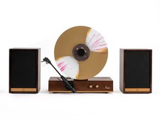Fuse GLD Vertical Vinyl Record Player with Speakers, Bluetooth, Wood - Gold Trim picture