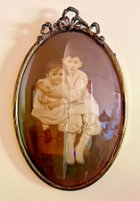 Antique Oval Convex Bubble Glass Portrait Frame Metal Bow 22” Victorian Edwardia picture
