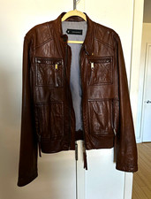 DSQUARED2 Mens Brown Leather Jacket Full Zip Pockets Band Collar Short  Size 50 picture