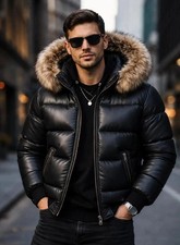 Men’s Genuine Lambskin Puffer Jacket Black Fur Removable Hood Winter Bomber Coat picture