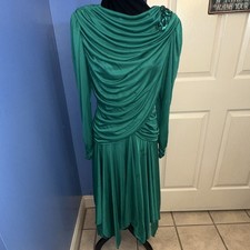 VTG 80s Draped Green Cocktail Dress Ruched Long Sleeve AS IS TLC  picture