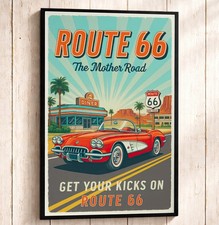 Retro Route 66 Poster with Red Corvette Convertible Art, Vintage Road Trip Wall picture