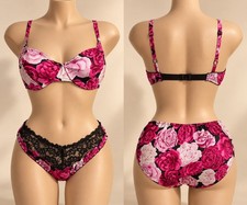 NWT Vintage Victoria’s Secret Gold Label Silk Rose Bra Panty Set 36C M/6 Glossy picture