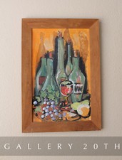 SUPERB MID CENTURY MODERN ORIG OIL STILL LIFE PAINTING 60S ART BOTTLES VINO VTG picture