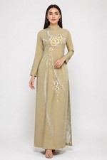 Vietnamese Ao Dai Dress Size M Gold Embroidered Floral Wedding Tet Cheongsam picture