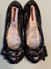 Prada Bow Ballet Flats Metallic Crackle Leather Black Bronze Women’s Shoes Sz 38 picture