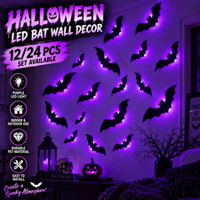 12/24PCS Halloween LED Bat Wall Decor Purple Light 3D Hanging Party Decoration picture
