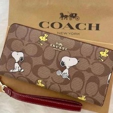 COACH x PEANUTS Long Zip around Wallet Snoopy Woodstock Khaki Signature CE705 picture