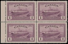 1946, CANADA PEACE ISSUE TRAIN FERRY $1 LILAC, MARGIN BLOCK OF 4, NH, UN.#273 picture