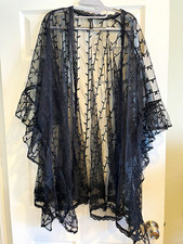 Torrid Black Sheer Mesh Floral Embroidered Lace Open Kimono V-Neck One Size picture