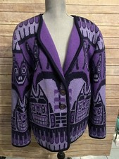 Vintage Longhouse Handmade Canada Wool Cardigan Purple Native Tiki Size 12 picture