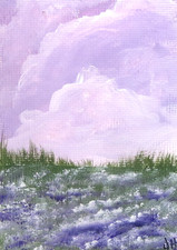 Aceo PurpleSky and Flowers landscape Original Acrylics by Janet Hufnagle OOAK picture