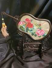 Glamorous Vintage Chinese Silk Embroidery Fan on Rosewood Stand. picture