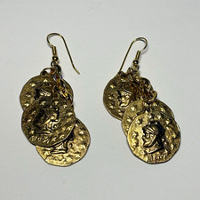 Vintage Greco Roman Helmet Coin Medallion Tiered Statement Earrings picture