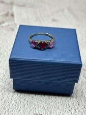 Vintage LGL Leer Gem Ltd 10K Gold Heart Trio Lab Created Ruby Diamond Ring Sz 7 picture
