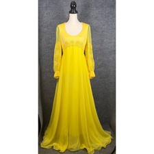 Lillie Rubin Maxi Dress Women M Yellow Vintage Embroidered Chiffon 70s Gown picture
