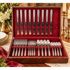 Vintage Oneida Community Tudor Plate Flatware Set Service for 8 40 Pc With Chest picture