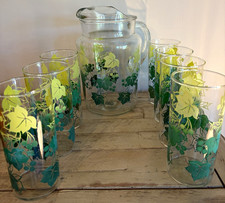 Vtg. MCM 7pc Glass Pitcher & 6 Tumblers Green Yellow Ivy- 1950s Kitchen - picture