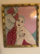 Vintage Framed Hand-Stitched Needlepoint Portrait “Diamond Lil” Folk Art picture