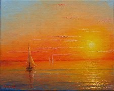8x10 MESH ORIGINAL OIL CANVAS PAINTING ART SEASCAPE SUNSET SAIL BOAT CALM SEA picture