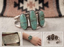 Vintage Navajo Style Native American Silver Cuff Bracelet 3 Turquoise picture
