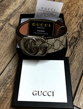 Gucci Men's Size 32 GG Logo Belt Beige/Brown with Double G Buckle picture