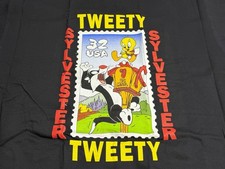 Vintage 1997 Looney Tunes Tweety Sylvester 32 Cent Stamp Tee NWT Black w/Tote picture