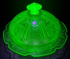 Antique Uranium Depression Glass Jeannette Cherry Blossom Green Butter Dish picture