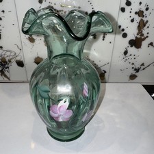 VTG  Fenton Sea Mist Green Glass Vase Handpainted Flowers Signed JL  Fowler Tag picture