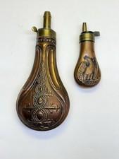 Antique Mid-19th C. Eagle & Geometrical Pat Powder Flask – Copper & Brass *Rare* picture