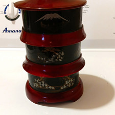 Japanese Lacquerware 3-Tier Stacking Box Set w/ Lid Black Red Mt Fuji picture