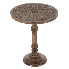 Mango Wood Traditional Carved Floral with Exposed Wood Grain Accent Table 17