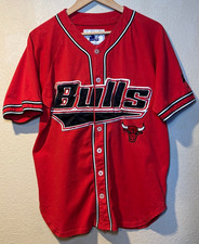 Vintage 90s Starter Chicago Bulls Button Up Baseball Jersey Red Size Small NBA picture