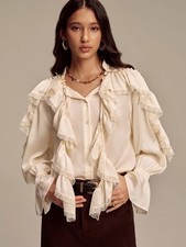 Commense Blouse Top Ruffle Lace Ivory Cream Large L picture