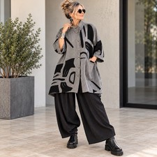 Mao Mam 100% Cotton Lagenlook Abstract Art to Wear Tunic Jacket Gray Black Boho picture