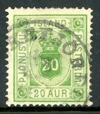 Iceland 1876 Official 20 Aur Yellow Green *Perf 14x13½* Scott #O8 VFU T851 picture