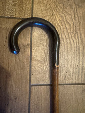 ANTIQUE Early 1900’s Wood Cane Walking Stick with Curved Handle, Brown/Black picture