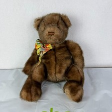 Gund Minky Teddy Bear Large 14 Inch Vintage Jointed Faux Mink Fur Brown Bow picture