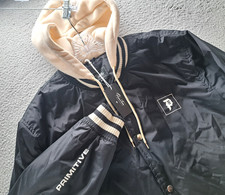 Primitive Skateboarding Bomber Varsity Hooded Jacket Mens Medium Black Beige NWT picture