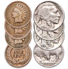 6 COIN LOT ~ 3 Indian Head Cents ~ 3 Buffalo Nickels ~ FULL DATE US Coins picture
