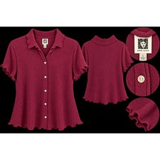 NWT Anne Klein Burgundy Textured Button Front Blouse Women L Chianti Ruffle Hem picture