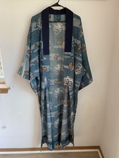 Vintage Mid-Century Japanese Kimono Blue Vases Pattern picture