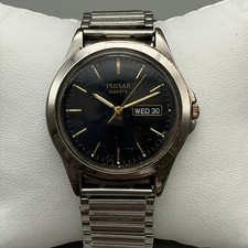 Vintage Pulsar Mens Watch 36mm Black Dial Stretch Day Date 1N0705 New Battery picture
