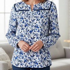 Talbots NEW floral blue puppy flower print peasant style button blouse L boho picture
