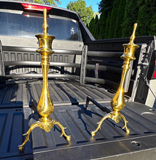 Vintage Brass & Cast Iron Fireplace Andirons Pair 17.5